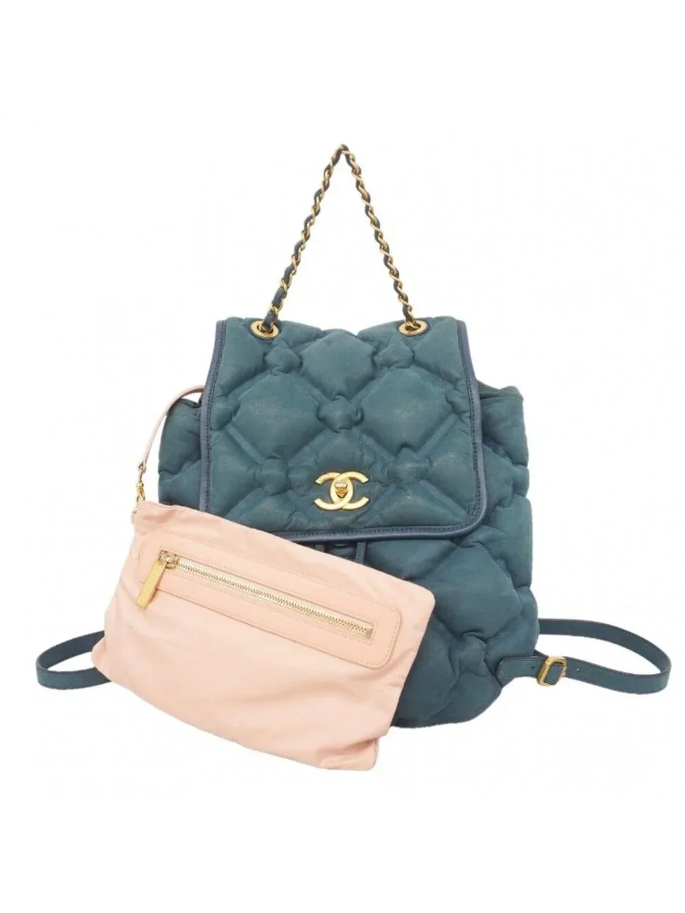Chanel Backpack Bubble Quilt Leather Blue Gold